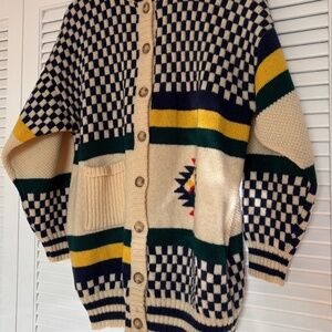 Vintage Handknit Bode Style Wool Sweater Cardigan Tribal Checkerboard